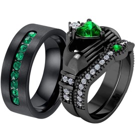 ringheart 2 Black Rings His and Hers Ring Couple Rings Green Cz Womens Wedding Ring Sets Titanium Steel Mens Wedding Bands Claddagh Ring