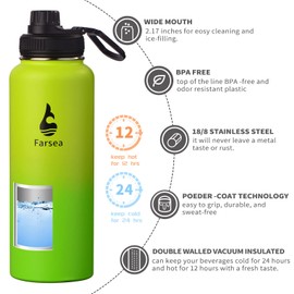 Farsea Insulated Water Bottle With Paracord Handle, Protective Silicone Boot and 2 Lids (Straw Lid & Spout Lid), Stainless Steel Water Bottle Wide Mouth, Double Wall Sweat-Proof BPA-Free, 40 oz