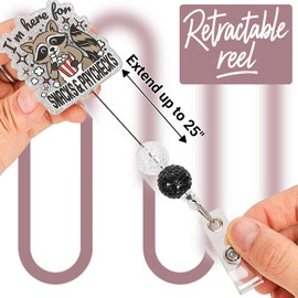 Raccoon & Skeleton Badge Reel Retractable ID Name Holder Clip, Beaded Glitter Badge Reels for Nursing Nurse Teacher Student