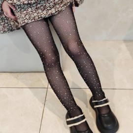 LOLANTA Girls Sparkle Tights 2 Pack Fishnet Rhinestone Stockings for Kids Glitter Mesh Pantyhose(Black-Rhinestone,8-12Y)