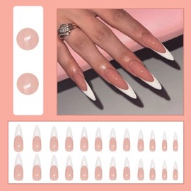French Tip False Nails - 24pcs Long Almond Press on Nails - Nude Pink White-edge Fake Nail Tip with Glue - Oval Extra Long Full Cover Acrylic Glossy Elegant Stick on Nail for Women Manicure Decoration