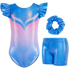 Gogokids Girls' 3-Piece Flutter Sleeve Gymnastics Set - Children's Gymnastics Jerseys with Colour Gradient Sequins & Glitter Design, Gymnastics Costume Set Includes Jersey, Shorts and Headband for