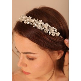 BERYUAN Wedding Bridal Pearls Flower Crystal Headband Pealrs Crystal Rhinestone Wedding Hair Accessories Silver Bride Headband Wedding Headpiece for Brides Bridesmaid (silver)