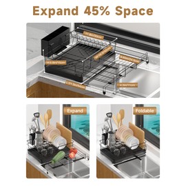CLBDRESS Dish Drying Rack, Expandable Dish Rack, Large Capacity Sink Dish Racks for Kitchen Counter, Space-Saving Dish Drainers for Small Kitchen, Multifunctional Drying Rack with Utensil Holder Black