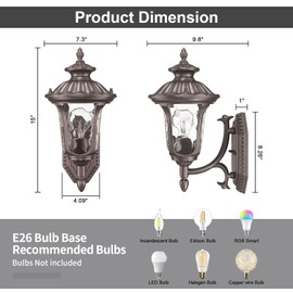 Luminzone Outdoor Light Fixtures Wall Mount, Waterproof Exterior Wall Lanterns with Waer Ripple Glass, Outside Sconces, Front Porch Lights for House Garage Doorway Patio, 15'' Small Oil-Rubbed Bronze