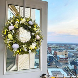 LVLFOR 16Inch Easter Egg Wreath, Colorful Egg Artificial Easter Wreath, Easter Egg Wreaths for Front Door, Grapevine Easter Eggs Spring Wreath for Spring Season Holiday Easter Hanging Decoration