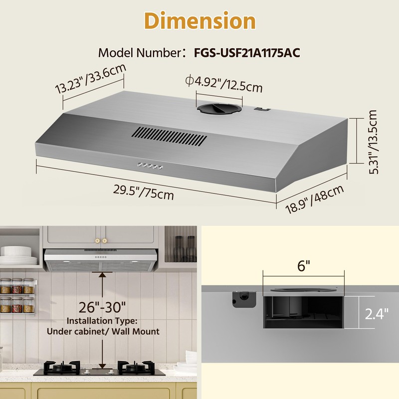 FIREGAS Under Cabinet Range Hood 30 inch with Brushless DC