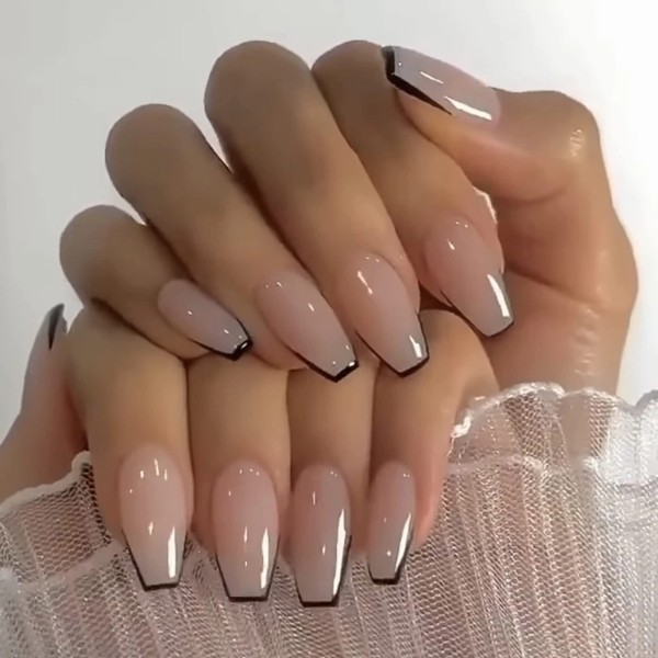 MERVF Coffin Press-On Nails Medium -Black French Tip Ballerina Acrylic