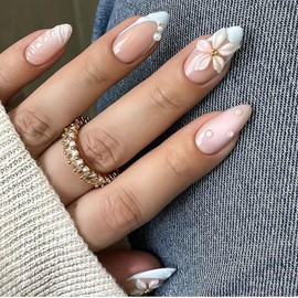 RikView Almond Press on Nails Medium Acrylic Nails Light Blue Nails with Flowers Design Glossy Full Cover Nails for Women 24 PCs/Set