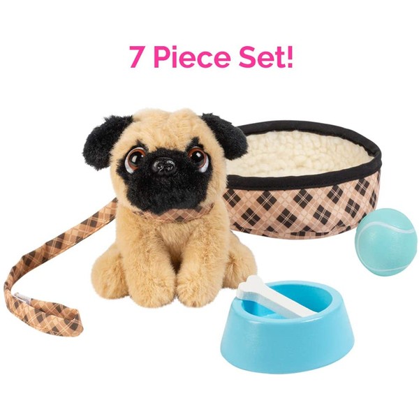 Adora Amazing Pets Preston the Brown Pug – 18 Doll Accessory includes 4.5 Dog, Dog Bed, Collar, Leash, Ball, Wooden Bowl and Bone ()