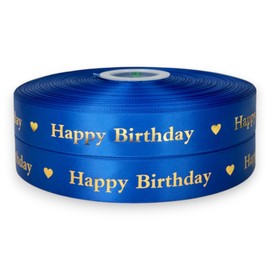 Luxury Happy Birthday Satin Ribbon 2m x 25mm for Cakes, Birthday Cakes Gift Wrap Wrapping Ribbon Cards Birthday Decorations Craft (Blue & Gold)