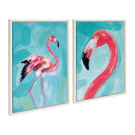 Kate and Laurel Sylvie Flamingo Study and Feathery Friend Framed Canvas Wall Art Set by Rachel Christopoulos, 2 Piece Set 18x24 White, Coastal Animal Flamingo Framed Canvas Art Set