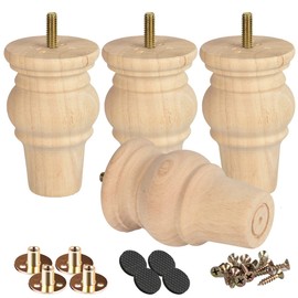 Btowin 4 inch Solid Wood Furniture Legs, 4Pcs Wooden Turned Bun Feet with Threaded 5/17'' Hanger Bolts & Mounting Plate & Screws for Sofa Couch Chair Ottoman Loveseat