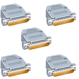Jienk 5PCS DB25 Male RS232 D-SUB Serial Solder Cup Connectors Kit, Gold Plated Joints RS232 Serial Solder Type Port 25 Pin D Sub Couplers with Plastic Hoods, Strain Relief Grommet and Screws