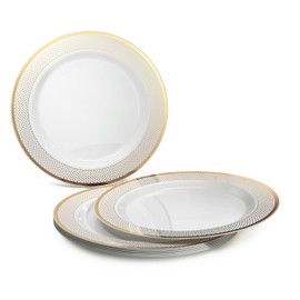 " OCCASIONS " 240 Plates Pack, Heavyweight Disposable Wedding Party Plastic Plates (10.5'' Dinner Plate, Sundance in White & Gold)