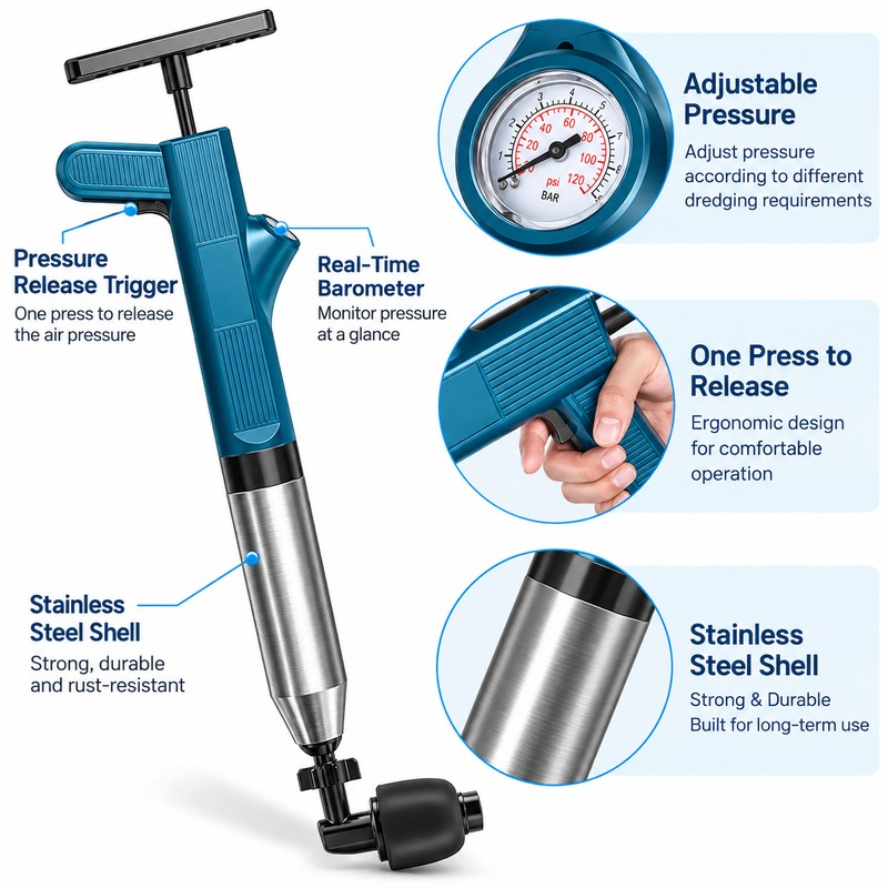 Electric Toilet Plunger for Drain Unclogging – 7–8 Bar Air