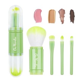 Travel Makeup Brushes Set, 4 in 1 Mini Cute Makeup Brush Retractable Professional Foundation Blending Powder Eye Shadow Brush for Women Facial Cosmetics Makeup Brush Set (Green)