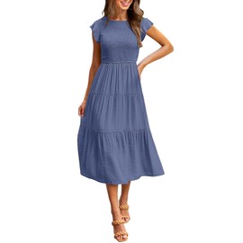MEROKEETY Women's Summer Casual Short Sleeve Round Neck Smocked High Waist Flowy Sun Midi Dress,Dustyblue,S