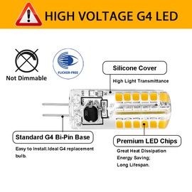 Yosenmi High Voltage 100V-265V G4 LED 3W (Not Low Voltage 12V), 20W 120V G4 Halogen Bulb Equivalent, 3000K Warm White, Non-Dimmable JC Bi-Pin Base Light Bulb,10-Pack