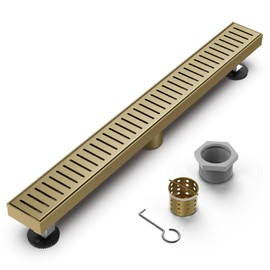 HTOH Gold Shower Drain, 304 Stainless Steel Linear Shower Drain 24 Inch with Removable Capsule Pattern Grate - Adjustable Rectangular Brushed Shower Floor Drain with Hair Strainer, Linear Drain