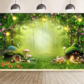 Enchanted Forest Photo Backdrop, Wonderland Backdrop for Girl Princess Party Baby Shower Banner, Fairytale Magic Mushroom Cabin for Kids Room Wall Decorations Birthday Party Photo Prop 9X6FT