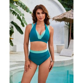 BMJL Women's High Waisted Bikini Sets Tummy Control Swimsuits Two Piece Color Block Modest Bathing Suit, Deep Teal, Medium