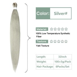 Easy Braid Pre-Stretched Braiding Hair 32 Inch 6 Packs Ginger Braiding Hair For Braids, Yaki Texture Crochet Hair Box Braids Hot Water Setting Synthetic Braiding Hair Extensions (80 cm, Silver#)