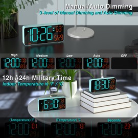 KOSUMOSU Alarm Clock for Bedroom, 6.7in Small Digital Clock, Auto Dimming, Room Temperature, Day of The Week, Date, Alarm Clocks for Living Room, Desk Clocks