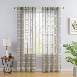HLC.ME Broadway Stripe Decorative Sheer Light Filtering Grommet Window Treatment Curtain Drapery Panels for Bedroom & Living Room - Set of 2 Panels (54 x 84 inches Long, Beige)