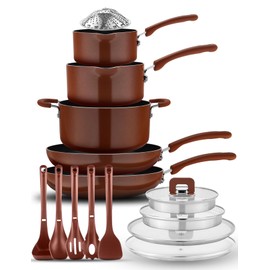 NutriChef 17pcs Brown Stackable Pots and Pans Set, Nonstick Induction Cookware, Space Saving Cookware, Easy Clean, Ideal For RV and Camper, Includes a Foldable Steamer Basket and Cooking Utensils