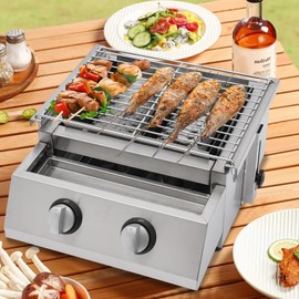 Commercial Portable Gas Grill 2-Burner Tabletop Natural/Propane Gas Broiler Grill for Restaurant Cooking Equipment BBQ