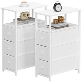 TUTOTAK Narrow Night Stand, Slim End Table, Tall Side Table with 3 Fabric Drawer, Small Bedside Table with Storage, Set of 2, for Living Room, Bedroom, White TB01BW072