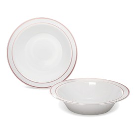 " OCCASIONS " 40 Piece Plates Pack, Heavyweight Disposable Wedding Party Plastic Bowls (14 oz Soup Bowl, White & Rose Gold Rim)