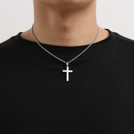 RS Silver Cross Necklace for Men Boys Stainless Steel Cross Pendant Chain 16 Inch Religious Christian Women Girl Jewelry Gift