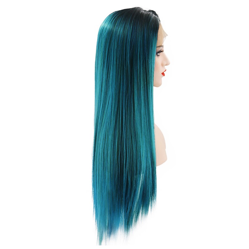Long Straight Hair Wig Gradient Green Color Centre Parting Hairstyle