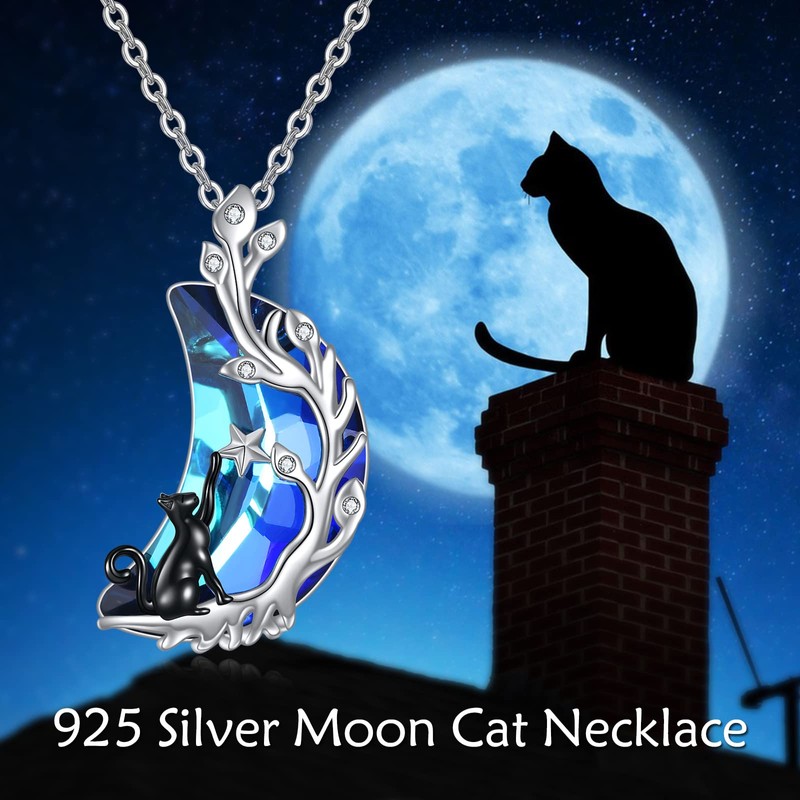 POPLYKE Blue Crystal Moon Cat Necklace for Women 925 Sterling