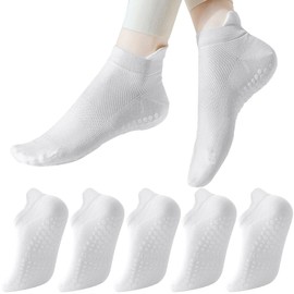 PUJANE 5 Pairs Grip Pilates Socks for Women, Non Slip Yoga Athletic Ankle Grippy Socks for Barre Ballet Gym Workout (White)