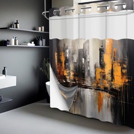 Orange and Black Hookless Shower Curtain with Snap in Liner, Abstract Art Modern Mens No Hook Double Layer Shower Curtain and Liner Set, Waterproof Cloth Fabric, 71" W X 74" L (Pack of 1)