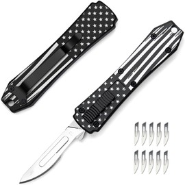Automatic Utility Knife,All Metal Construction Carbon Stainless Steel Blade,EDC Push Button Quick Change Retractable Box Cutter with Clip,10PCS #24 Blades Replacement,Black Stars&Stripes
