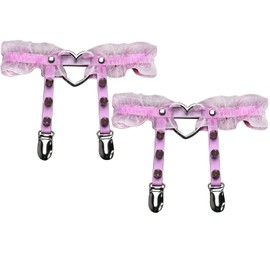 Adove Women Adjustable Leather Thigh Garter, Heart Shaped Leg Garter with Clips punk goth Garters for thigh high socks(DWD PINK)