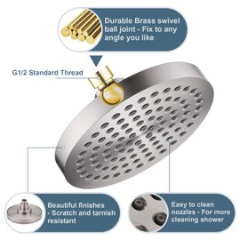 BRIGHT SHOWERS High Pressure Shower Head, 6 Inch Rain Shower Head, 2 Spray Settings Rainfall Shower Heads, Adjustable Angle Replacement Bathroom Showerhead, Easy Installation Brushed Nickel