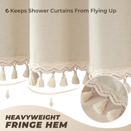 Linen Shower Curtain Boho Beige Shower Curtains for Bathroom Thick Cloth Shower Curtain with Tassels Neutral Farmhouse Bath Decor Rustic Bath Curtains 72 Inch