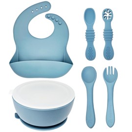 HippoBaby 6 Piece Baby Bowls With Suction and Lids | Toddler Bowl Set with 1 Bowl, 1 Bib, 2 Baby Spoons, 1 Large Spoon, 1 Large Fork, Baby Feeding Essentials (1, Light Blue)