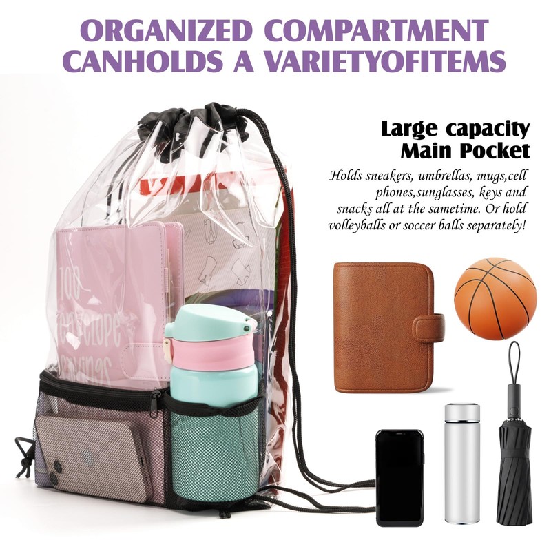 CINDALOG 2 Pack Clear Drawstring Bags, Waterproof Drawstring Backpack PVC