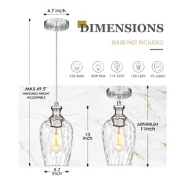 Audickic Pendant Lights Kitchen Island, Modern Brushed Nickel Hanging Lights Fixtures with Hand-Blown Hammered Clear Glass, Farmhouse Kitchen Island Lighting Over Sink, AD-24027-1P-SN