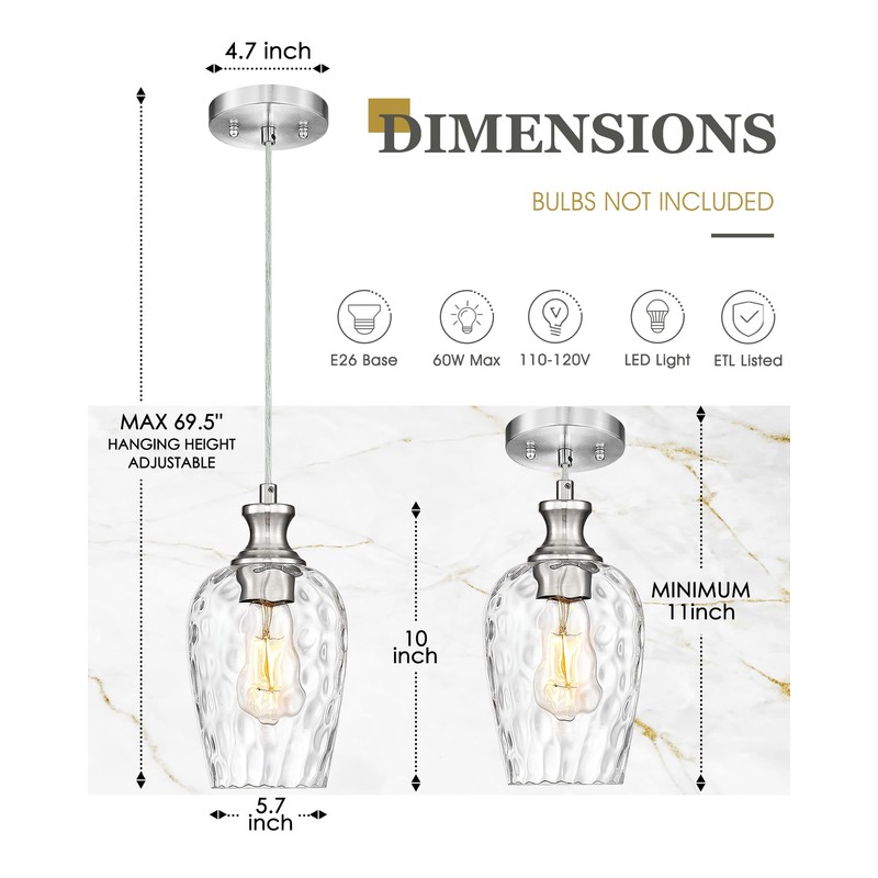 Audickic Pendant Lights Kitchen Island, Modern Brushed Nickel Hanging Lights