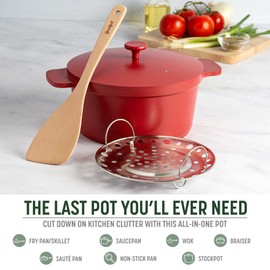Goodful All-In-One Pot, Multilayer Nonstick, High Performance Cast Dutch Oven With Matching Lid, Roasting Rack And Turner, Made Without PFOA, Dishwasher Safe Cookware, 4.7-Quart, Crimson Red