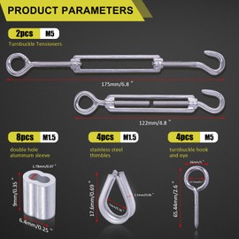 KNLN/304 Stainless Steel 66ft Wire Rope Kit with M5 Turnbuckle Tension Hook and Eye Screw,1/16 Wire Rope Thimbles,Wire Rope Crimping Loop Sleeves for Cable Railing Clothesline DIY Balustrades etc