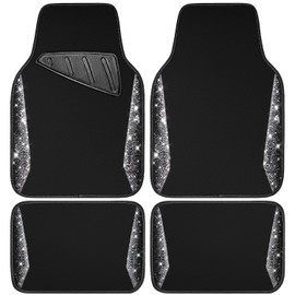 CAR PASS Bling Diamond Car Floor Mat Shining Rhinestones Carpet, Sparkly Glitter Crystal Anti-Slip PVC Heel Pad Automotive Universal Fit for SUV Sedan Car Van, 4pcs for Girl Cute Women, Black Silver
