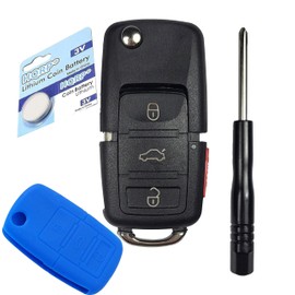 HQRP Folding Flip Key Fob Shell Remote Case Keyless Entry 4 Buttons with Dark Blue Silicone Protective Cover Case and CR2032 Battery for Volkswagen Beetle / CC / EOS / Golf / Jetta / Passat